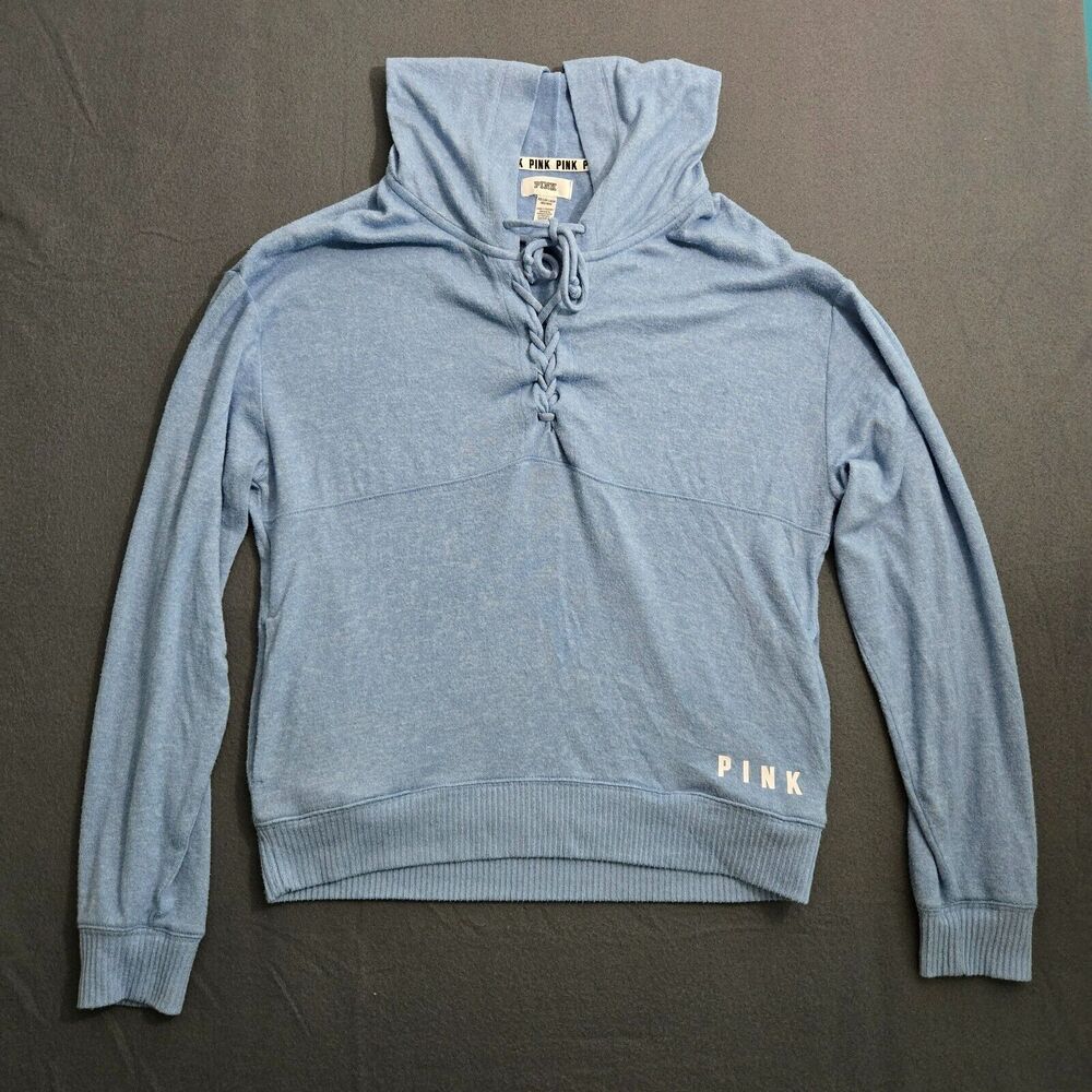 Victoria's Secret Pink Women XS Blue Lace Up Pullover Hoodie Sweatshirt